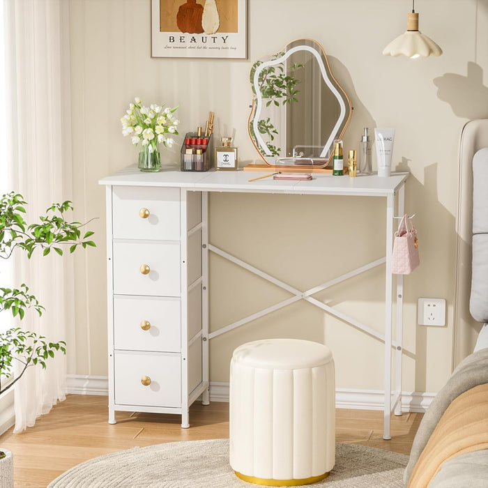 Small Writing Desk with 4 Fabric Drawers, 35.4 Inch Computer Desk for Home Office, Simple PC Desk for Small Places, Kids Girls Teen Study Table for Bedroom Dorm, White - ShipItFurniture