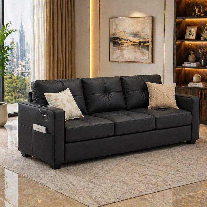 88" Black Faux Leather Sofa with USB Ports & Lift Top Storage Coffee Table Set
