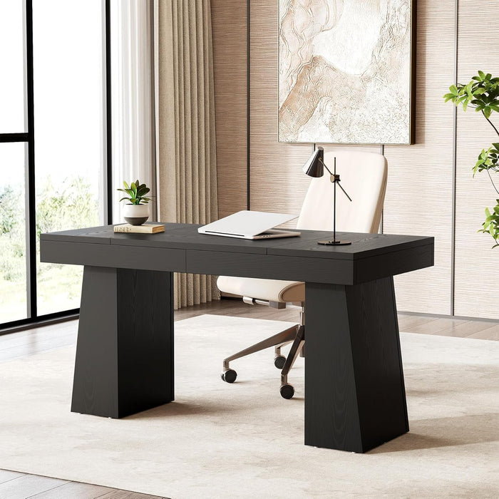 Spacious 55 Inch Black Wooden Computer Desk for Home - ShipItFurniture
