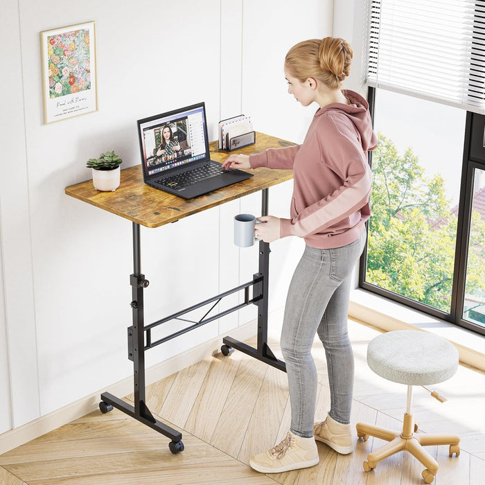 Standing Desk, 32 Inch Portable Small Desk Adjustable Height, Rolling Home Office Desks with Wheels, Sit Stand Desk for Bedroom Walking Pad Home Office Small Space, Rustic - ShipItFurniture
