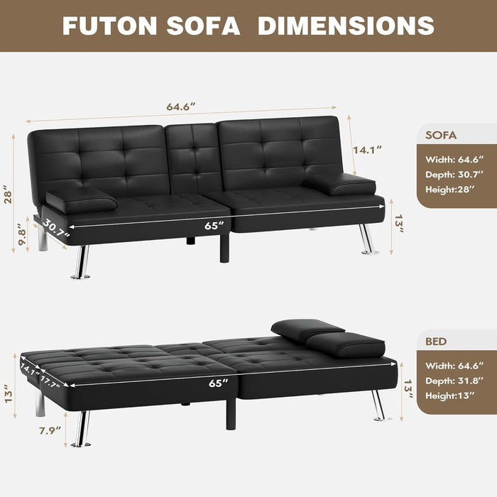 Stylish Leather Futon Sofa Bed with Adjustable Armrests - ShipItFurniture