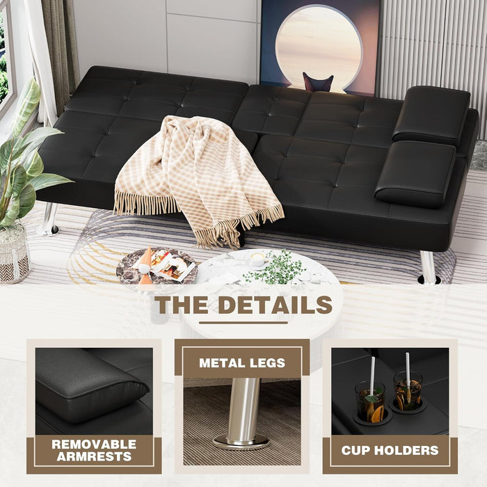 Stylish Leather Futon Sofa Bed with Adjustable Armrests - ShipItFurniture