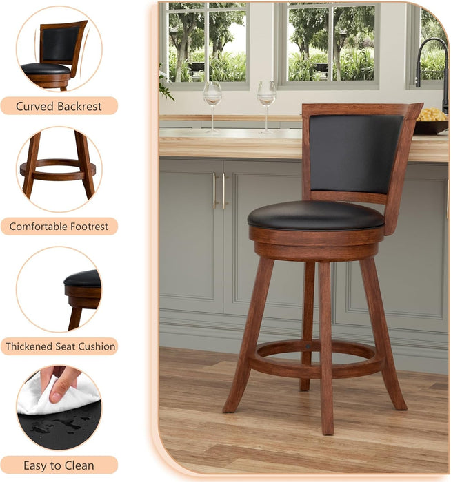 Swivel Bar Stools Set of 2, 24" Counter Height Swivel Barstools with Back & Faux Leather Upholstered Seat, Island Chairs with Solid Wood Legs & Footrest for Kitchen, Dining Room, Pub (Brown) - ShipItFurniture