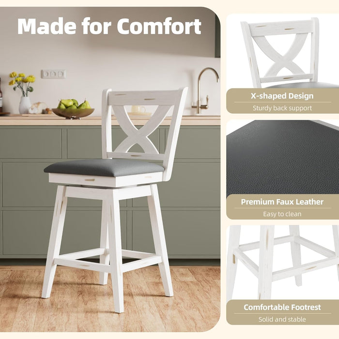 Swivel Bar Stools Set of 2, Swivel Barstools with Solid Footrest & Faux Leather Upholstered Seat, Island Chairs with Back for Kitchen, Dining Room (Antique White) (24 - Inch) - ShipItFurniture