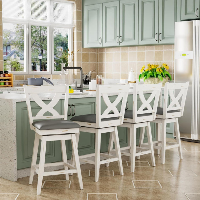 Swivel Bar Stools Set of 2, Swivel Barstools with Solid Footrest & Faux Leather Upholstered Seat, Island Chairs with Back for Kitchen, Dining Room (Antique White) (24 - Inch) - ShipItFurniture
