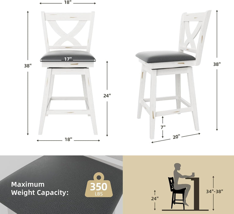 Swivel Bar Stools Set of 2, Swivel Barstools with Solid Footrest & Faux Leather Upholstered Seat, Island Chairs with Back for Kitchen, Dining Room (Antique White) (24 - Inch) - ShipItFurniture
