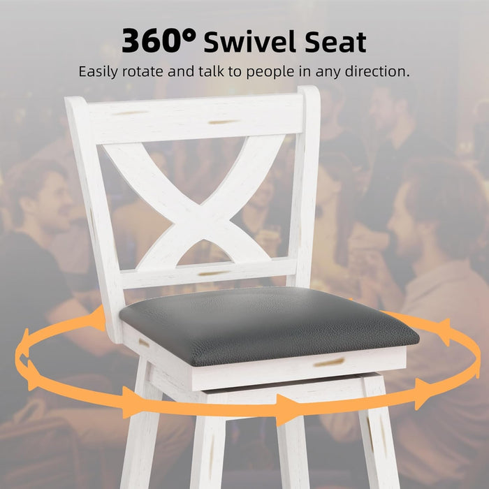 Swivel Bar Stools Set of 2, Swivel Barstools with Solid Footrest & Faux Leather Upholstered Seat, Island Chairs with Back for Kitchen, Dining Room (Antique White) (24 - Inch) - ShipItFurniture