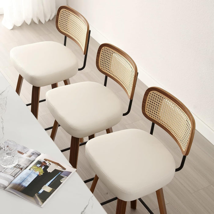 Swivel Counter Height Bar Stools Set of 2, Upholstered Faux Leather Barstools with Rattan Back, 26" Seat Height Bar Chairs for Kitchen Island, Bentwood Wood Frame, Cream White - ShipItFurniture