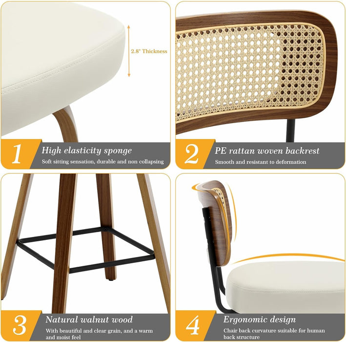 Swivel Counter Height Bar Stools Set of 2, Upholstered Faux Leather Barstools with Rattan Back, 26" Seat Height Bar Chairs for Kitchen Island, Bentwood Wood Frame, Cream White - ShipItFurniture