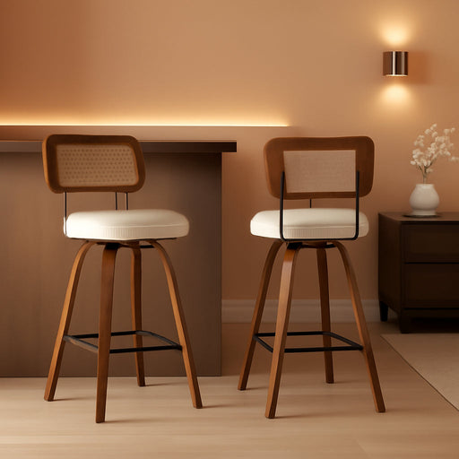 Swivel Counter Height Bar Stools Set of 2, Upholstered Faux Leather Barstools with Rattan Back, 26" Seat Height Bar Chairs for Kitchen Island, Bentwood Wood Frame, Cream White - ShipItFurniture