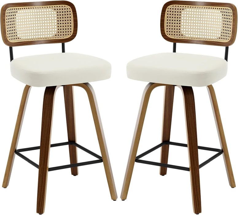 Swivel Counter Height Bar Stools Set of 2, Upholstered Faux Leather Barstools with Rattan Back, 26" Seat Height Bar Chairs for Kitchen Island, Bentwood Wood Frame, Cream White - ShipItFurniture