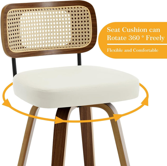 Swivel Counter Height Bar Stools Set of 2, Upholstered Faux Leather Barstools with Rattan Back, 26" Seat Height Bar Chairs for Kitchen Island, Bentwood Wood Frame, Cream White - ShipItFurniture
