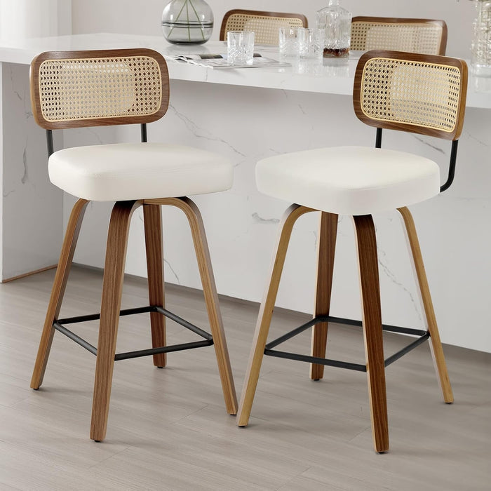 Swivel Counter Height Bar Stools Set of 2, Upholstered Faux Leather Barstools with Rattan Back, 26" Seat Height Bar Chairs for Kitchen Island, Bentwood Wood Frame, Cream White - ShipItFurniture