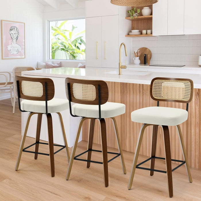 Swivel Counter Height Bar Stools Set of 4, Upholstered Faux Leather Barstools with Rattan Back, 26" Seat Height Bar Chairs for Kitchen Island, Bentwood Wood Frame, Cream White - ShipItFurniture