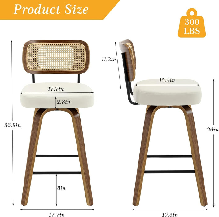 Swivel Counter Height Bar Stools Set of 4, Upholstered Faux Leather Barstools with Rattan Back, 26" Seat Height Bar Chairs for Kitchen Island, Bentwood Wood Frame, Cream White - ShipItFurniture