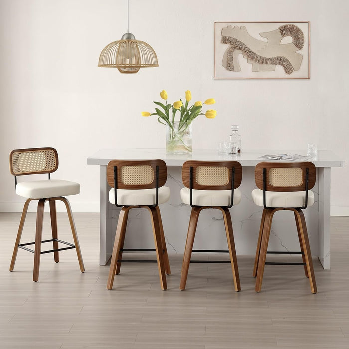Swivel Counter Height Bar Stools Set of 4, Upholstered Faux Leather Barstools with Rattan Back, 26" Seat Height Bar Chairs for Kitchen Island, Bentwood Wood Frame, Cream White - ShipItFurniture