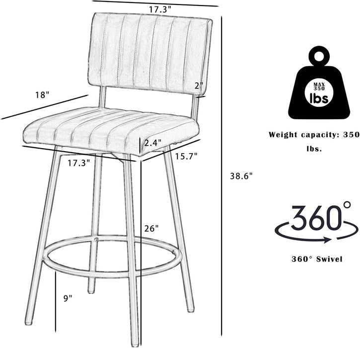 Swivel Counter Height Barstool with Back, Upholstered 26'' Counter Stool with Metal Frame, Channel Seat Back, Faux Leather Cognac - ShipItFurniture