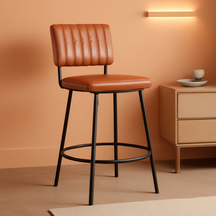 Swivel Counter Height Barstool with Back, Upholstered 26'' Counter Stool with Metal Frame, Channel Seat Back, Faux Leather Cognac - ShipItFurniture