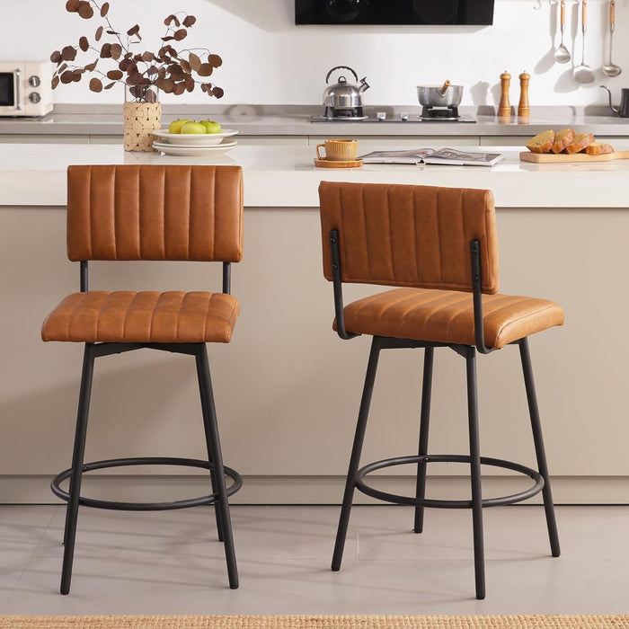Swivel Counter Height Barstool with Back, Upholstered 26'' Counter Stool with Metal Frame, Channel Seat Back, Faux Leather Cognac - ShipItFurniture