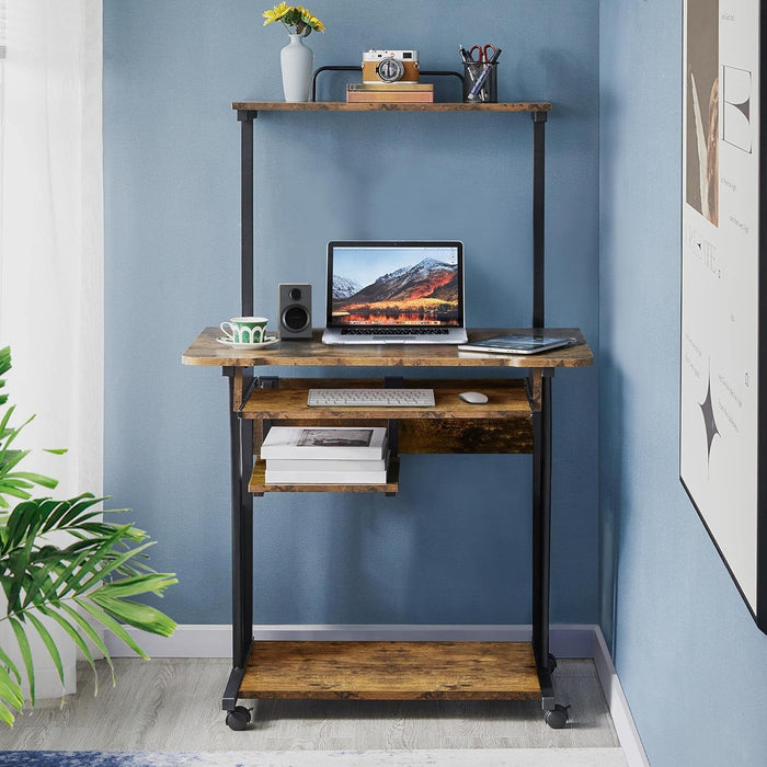Three Tier Rolling Computer Desk with Keyboard Tray - ShipItFurniture