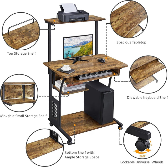 Three Tier Rolling Computer Desk with Keyboard Tray - ShipItFurniture