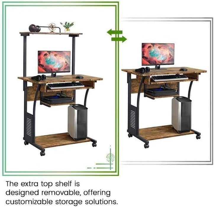 Three Tier Rolling Computer Desk with Keyboard Tray - ShipItFurniture