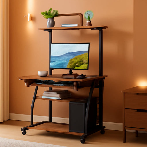 Three Tier Rolling Computer Desk with Keyboard Tray - ShipItFurniture