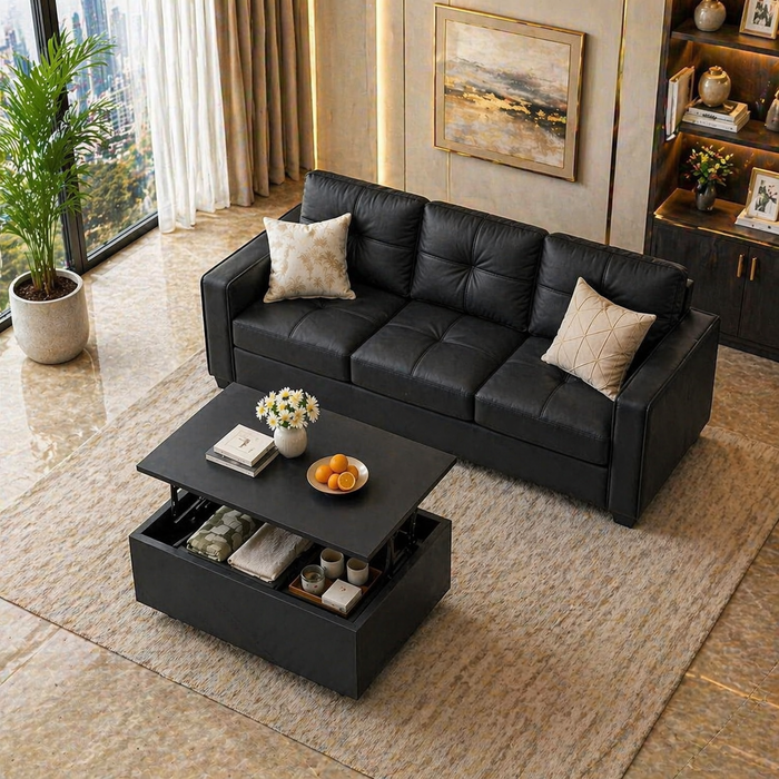 88" Black Faux Leather Sofa with USB Ports & Lift Top Storage Coffee Table Set