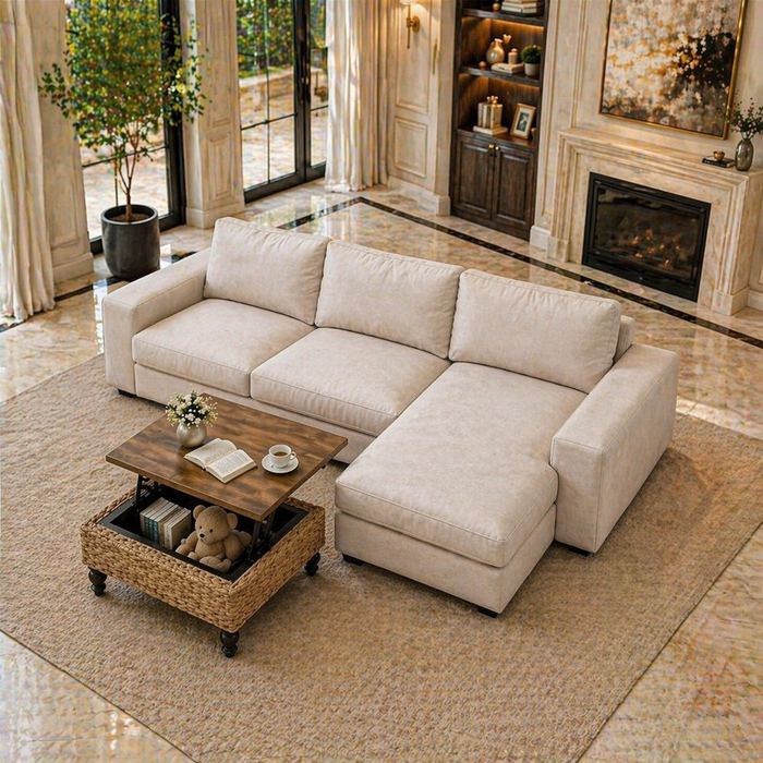 125.2" Beige Kivik Compatible Sectional Cover with Lift Top Farmhouse Coffee Table Set