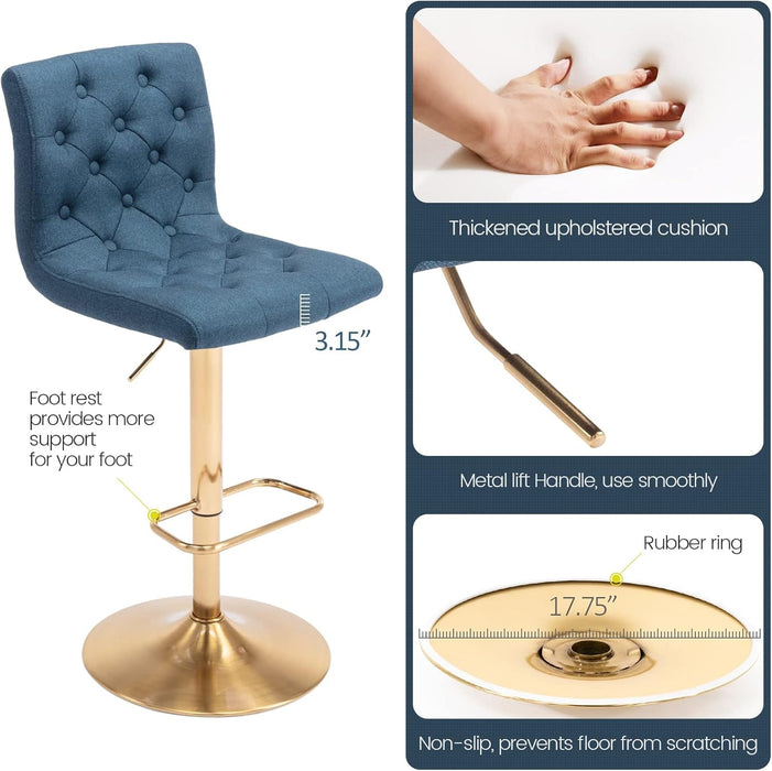 Tufted Fabric Bar Stools Set of 2, Adjustable Swivel Counter Height Barstools with Back, Upholstered Armless Airlift Bar Chairs for Kitchen Dining Cafe (Blue, Gold Base) - ShipItFurniture