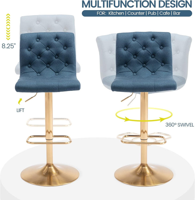 Tufted Fabric Bar Stools Set of 2, Adjustable Swivel Counter Height Barstools with Back, Upholstered Armless Airlift Bar Chairs for Kitchen Dining Cafe (Blue, Gold Base) - ShipItFurniture