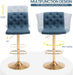 Tufted Fabric Bar Stools Set of 2, Adjustable Swivel Counter Height Barstools with Back, Upholstered Armless Airlift Bar Chairs for Kitchen Dining Cafe (Blue, Gold Base) - ShipItFurniture