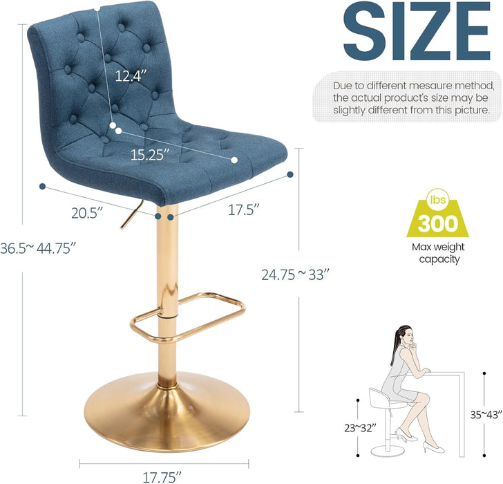 Tufted Fabric Bar Stools Set of 2, Adjustable Swivel Counter Height Barstools with Back, Upholstered Armless Airlift Bar Chairs for Kitchen Dining Cafe (Blue, Gold Base) - ShipItFurniture
