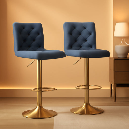 Tufted Fabric Bar Stools Set of 2, Adjustable Swivel Counter Height Barstools with Back, Upholstered Armless Airlift Bar Chairs for Kitchen Dining Cafe (Blue, Gold Base) - ShipItFurniture