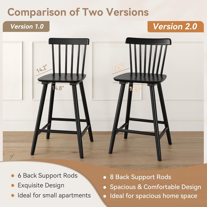 Upgraded Windsor Wooden Black Bar Stools Set of 3, 24 Inch Counter Height Barstools with Spindle Back/Bigger Seat for Kitchen Island - ShipItFurniture