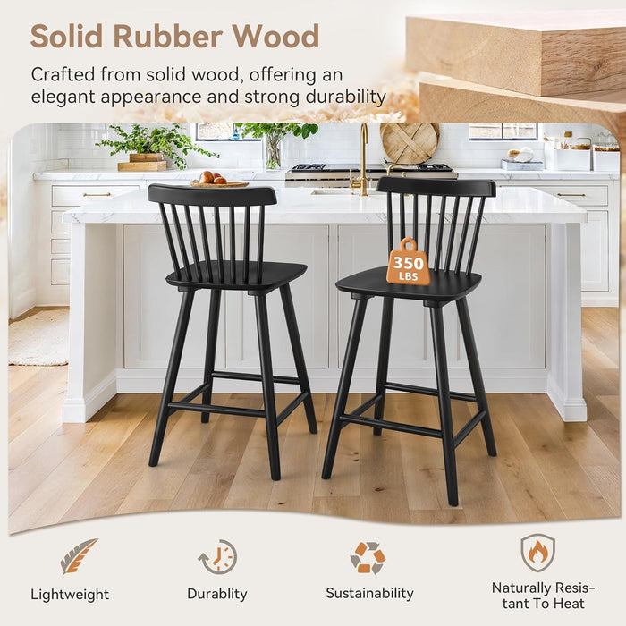 Upgraded Windsor Wooden Black Bar Stools Set of 3, 24 Inch Counter Height Barstools with Spindle Back/Bigger Seat for Kitchen Island - ShipItFurniture