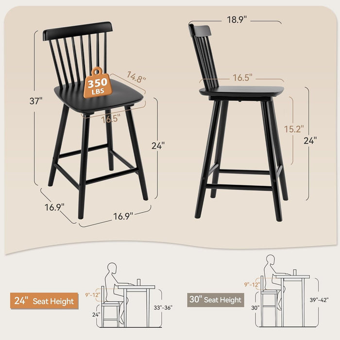 Upgraded Windsor Wooden Black Bar Stools Set of 3, 24 Inch Counter Height Barstools with Spindle Back/Bigger Seat for Kitchen Island - ShipItFurniture