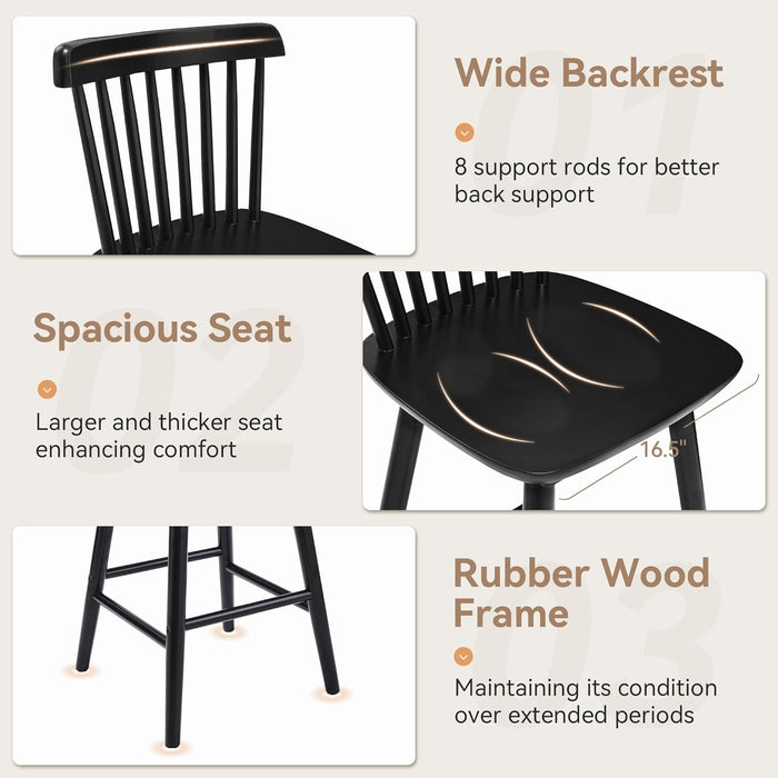 Upgraded Windsor Wooden Black Bar Stools Set of 3, 24 Inch Counter Height Barstools with Spindle Back/Bigger Seat for Kitchen Island - ShipItFurniture