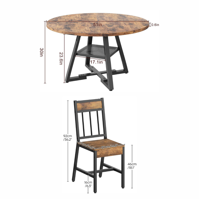 51 Inch Round Dining Table with 4 Industrial Chairs Rustic Brown Kitchen Dining Set