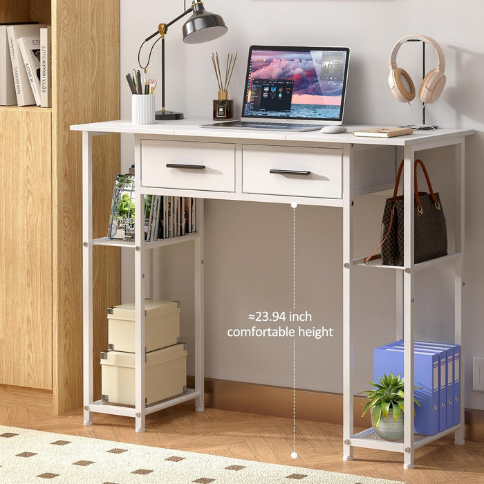 White Computer Desk with Drawers, 37.3 Inch Home Office Work Desk with Storage Shelf, Kids Teens Study Table for Small Space, Small Writing PC Table for Bedroom Makeup Vanity Desk - ShipItFurniture