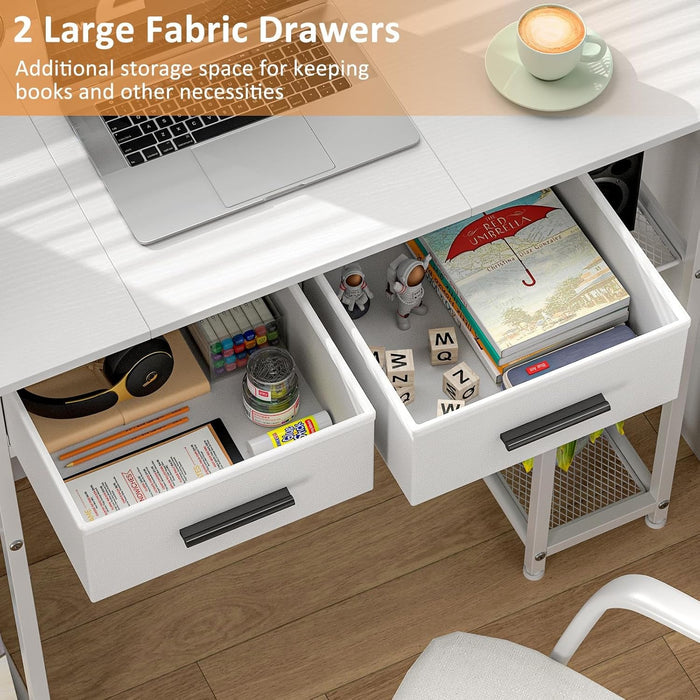 White Computer Desk with Drawers, 37.3 Inch Home Office Work Desk with Storage Shelf, Kids Teens Study Table for Small Space, Small Writing PC Table for Bedroom Makeup Vanity Desk - ShipItFurniture