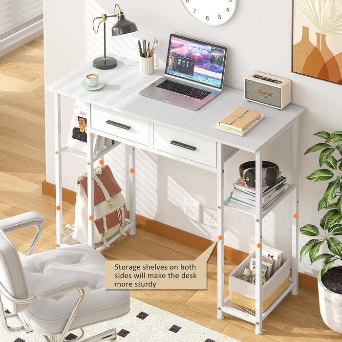 White Computer Desk with Drawers, 37.3 Inch Home Office Work Desk with Storage Shelf, Kids Teens Study Table for Small Space, Small Writing PC Table for Bedroom Makeup Vanity Desk - ShipItFurniture
