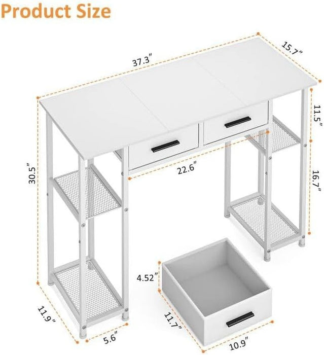 White Computer Desk with Drawers, 37.3 Inch Home Office Work Desk with Storage Shelf, Kids Teens Study Table for Small Space, Small Writing PC Table for Bedroom Makeup Vanity Desk - ShipItFurniture