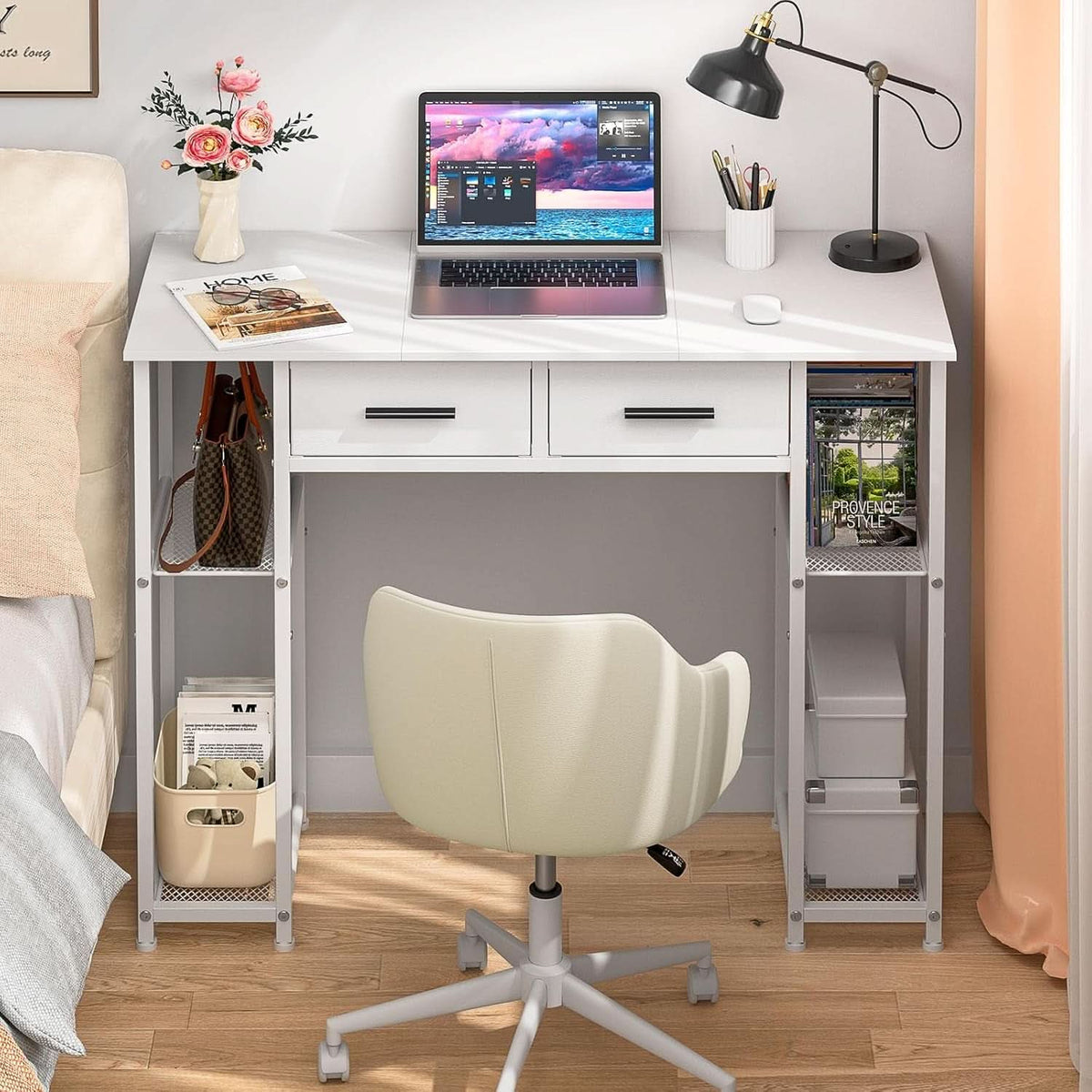 White Computer Desk 37.3 Inch With Drawers And Storage Shelves ...