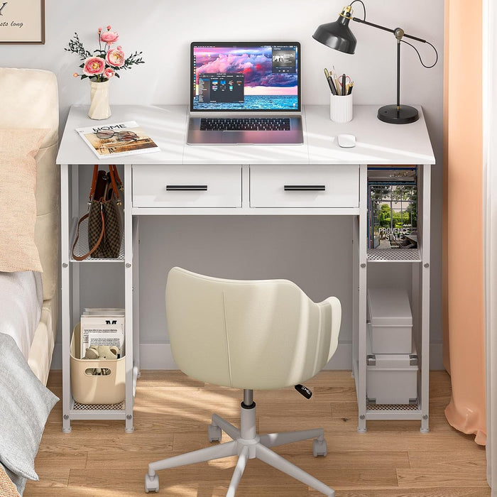 White Computer Desk with Drawers, 37.3 Inch Home Office Work Desk with Storage Shelf, Kids Teens Study Table for Small Space, Small Writing PC Table for Bedroom Makeup Vanity Desk - ShipItFurniture