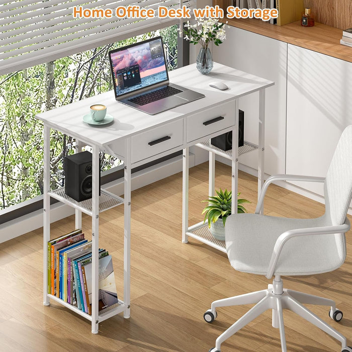 White Computer Desk with Drawers, 37.3 Inch Home Office Work Desk with Storage Shelf, Kids Teens Study Table for Small Space, Small Writing PC Table for Bedroom Makeup Vanity Desk - ShipItFurniture