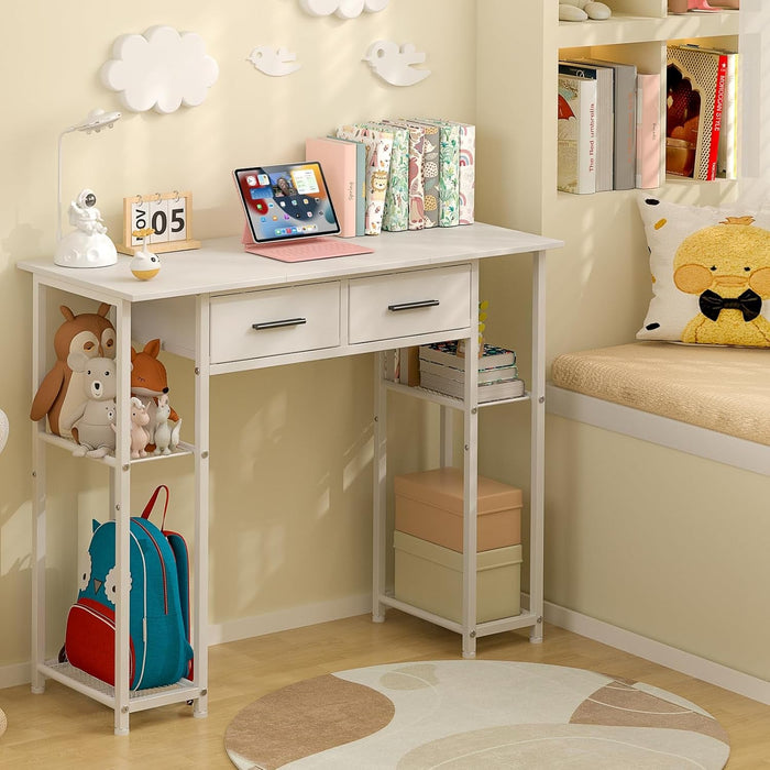 White Computer Desk with Drawers, 37.3 Inch Home Office Work Desk with Storage Shelf, Kids Teens Study Table for Small Space, Small Writing PC Table for Bedroom Makeup Vanity Desk - ShipItFurniture