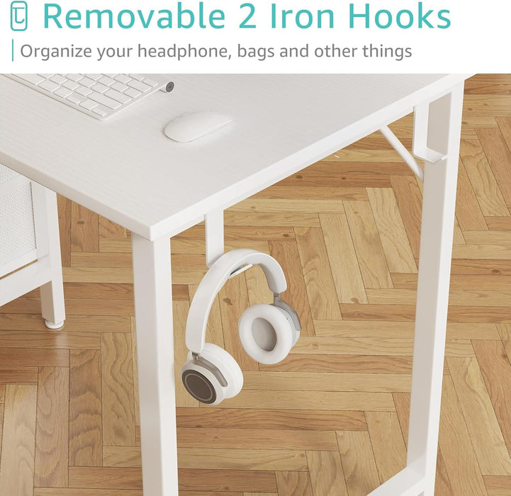 White Computer Desk with Fabric Drawers, 47 Inch Reversible Study Work Writing Desk for Home Office Bedroom, Simple Modern Cute PC Desks with Drawer, White - ShipItFurniture