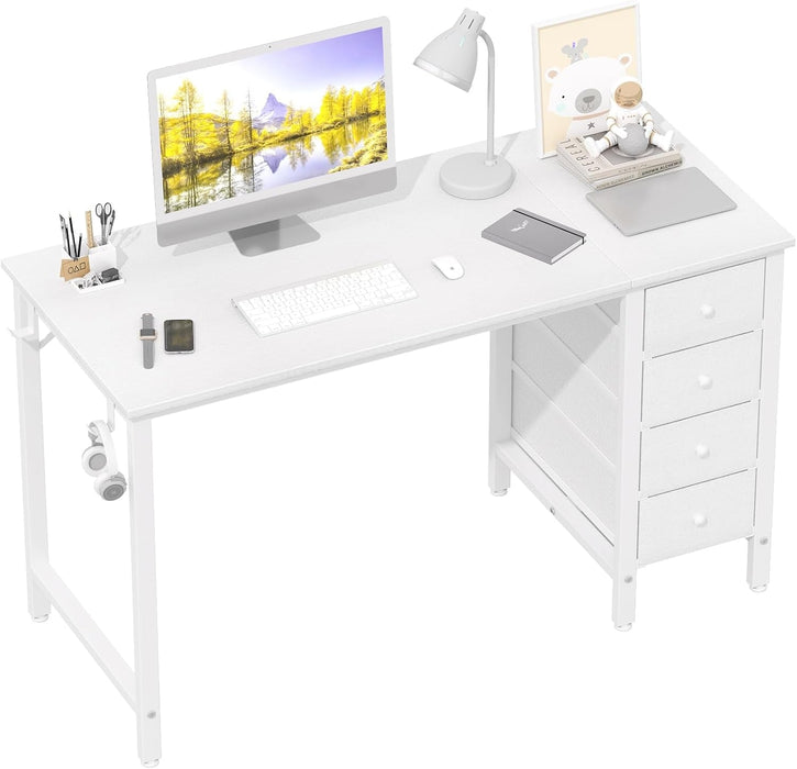 White Computer Desk with Fabric Drawers, 47 Inch Reversible Study Work Writing Desk for Home Office Bedroom, Simple Modern Cute PC Desks with Drawer, White - ShipItFurniture