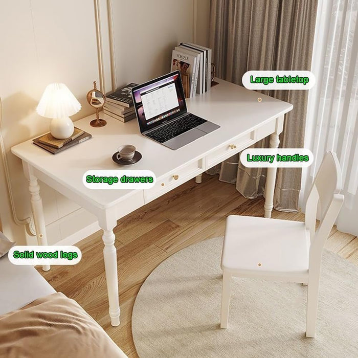 White Desk with Drawers, 47 Inch Home Office Desks Solid Wood Writing Desk for Home Office, Study Workspace or Bedroom - ShipItFurniture